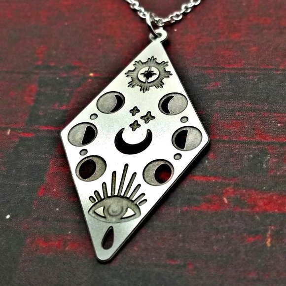 Moon Phases & Third Eye in Diamond Silver Necklace - Picture 3 of 3